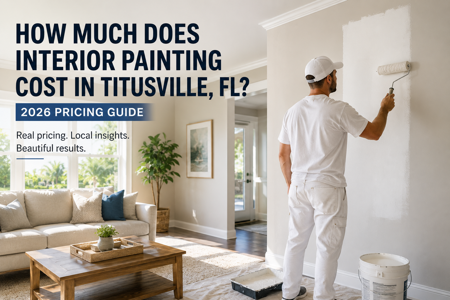 Interior painting project in Titusville, FL showing a professional painter applying fresh white paint to a modern Florida home living room with natural light and coastal style interior