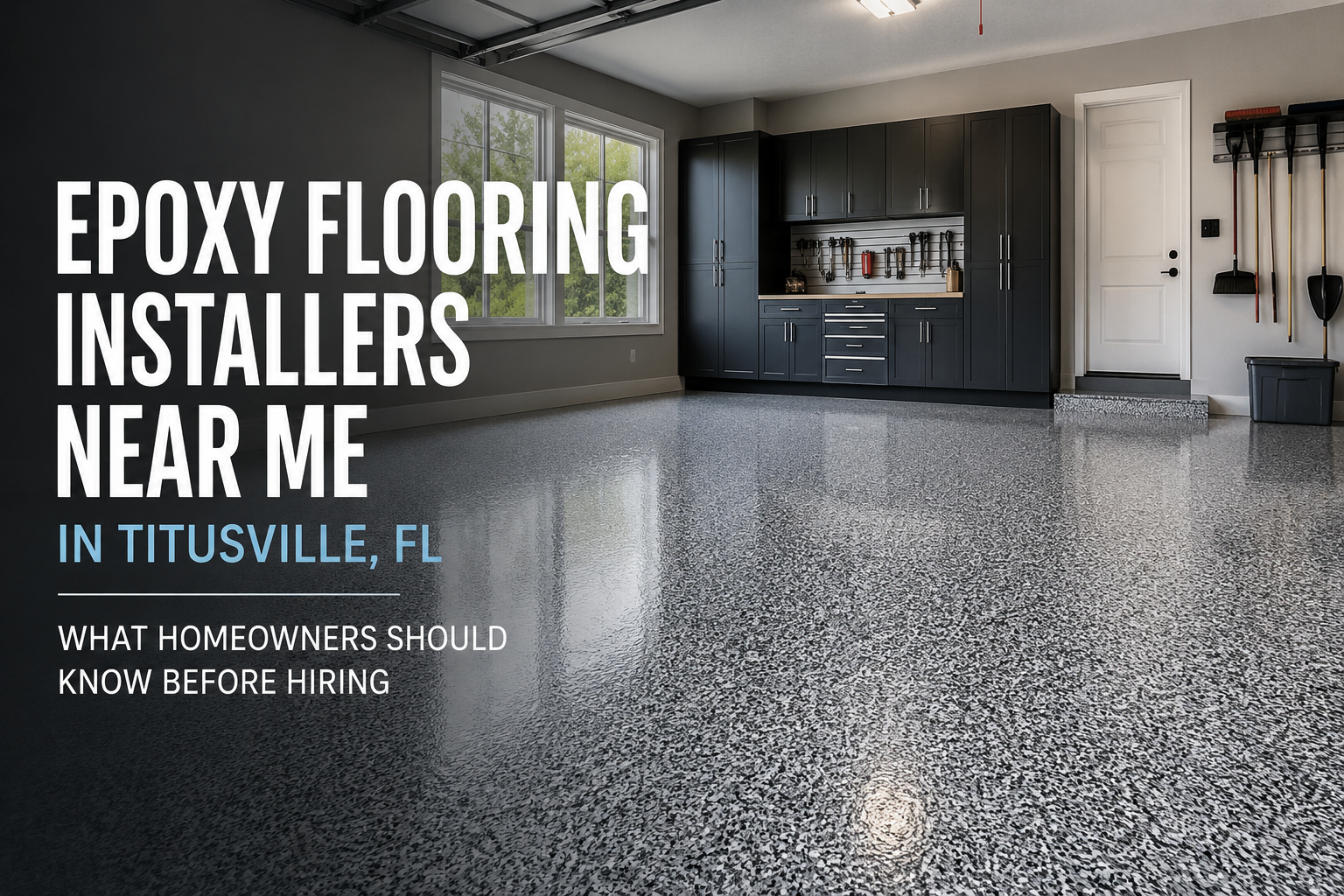 Modern residential garage with a newly installed glossy speckled epoxy floor, clean organized workspace cabinets along the wall, and natural light coming through large windows, showcasing a high-end garage floor coating ideal for epoxy flooring installation services in Florida.
