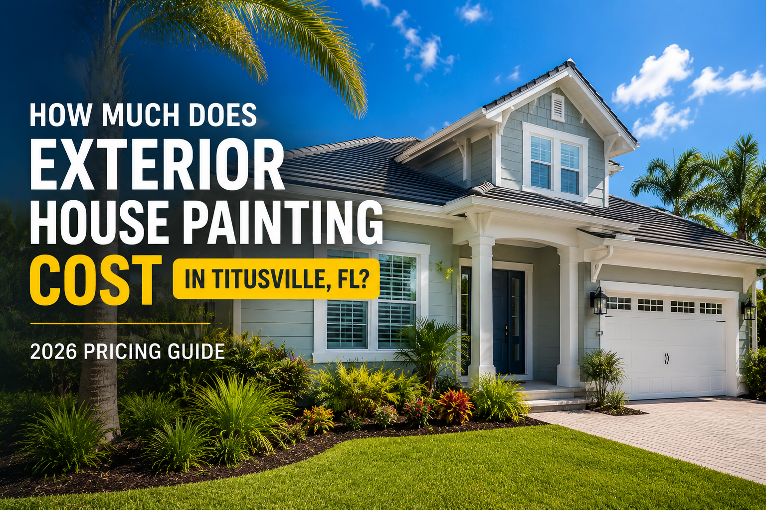 Modern Florida home with a freshly painted exterior illustrating the 2026 guide to exterior house painting costs in Titusville, FL.