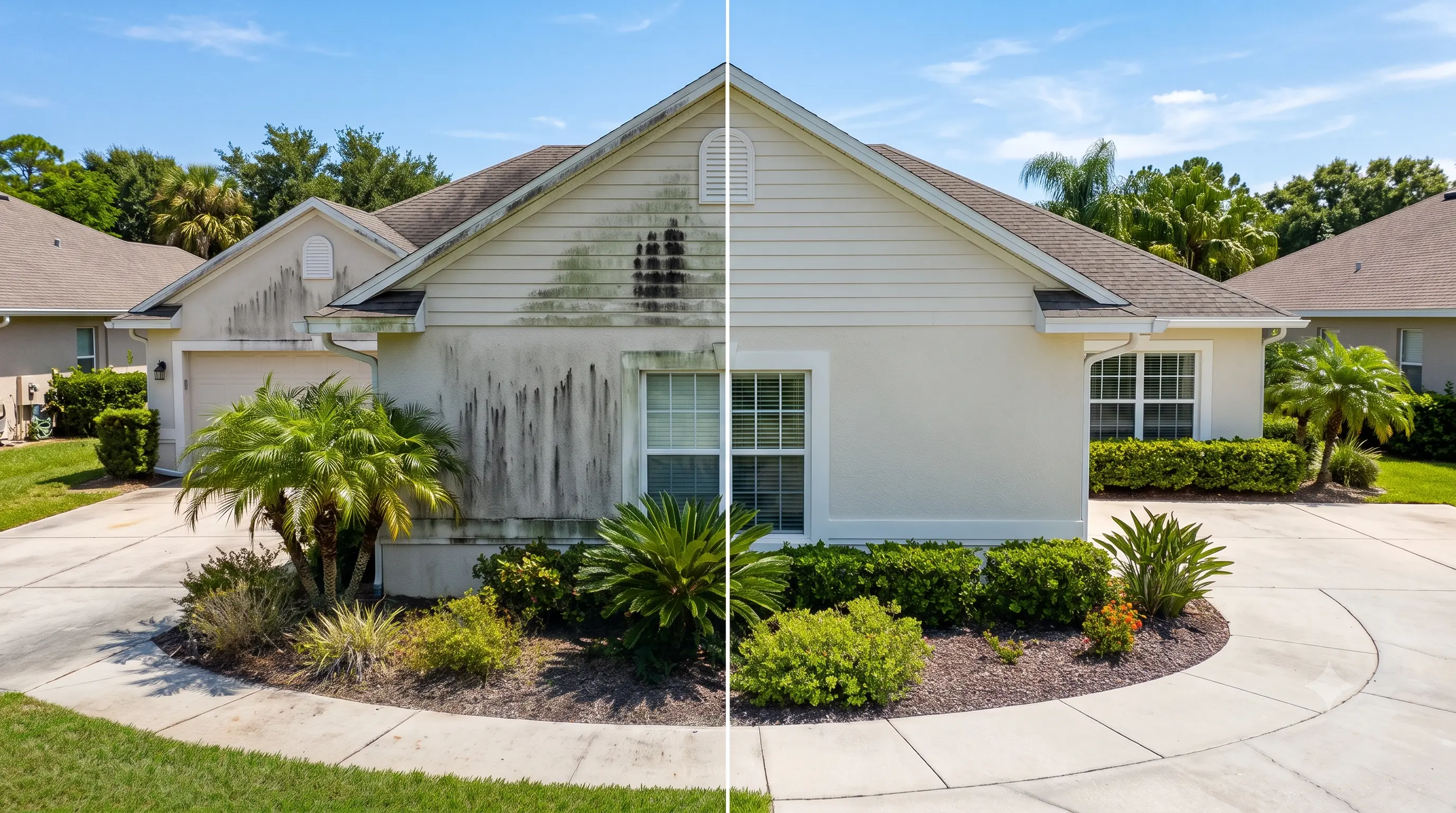 A suburban home exterior is split vertically down the middle, showcasing a side-by-side comparison. The left half has heavy black vertical streaks and mildew on the beige stucco and shingle roof. The right half is pristine, completely free of stains and visibly cleaner.