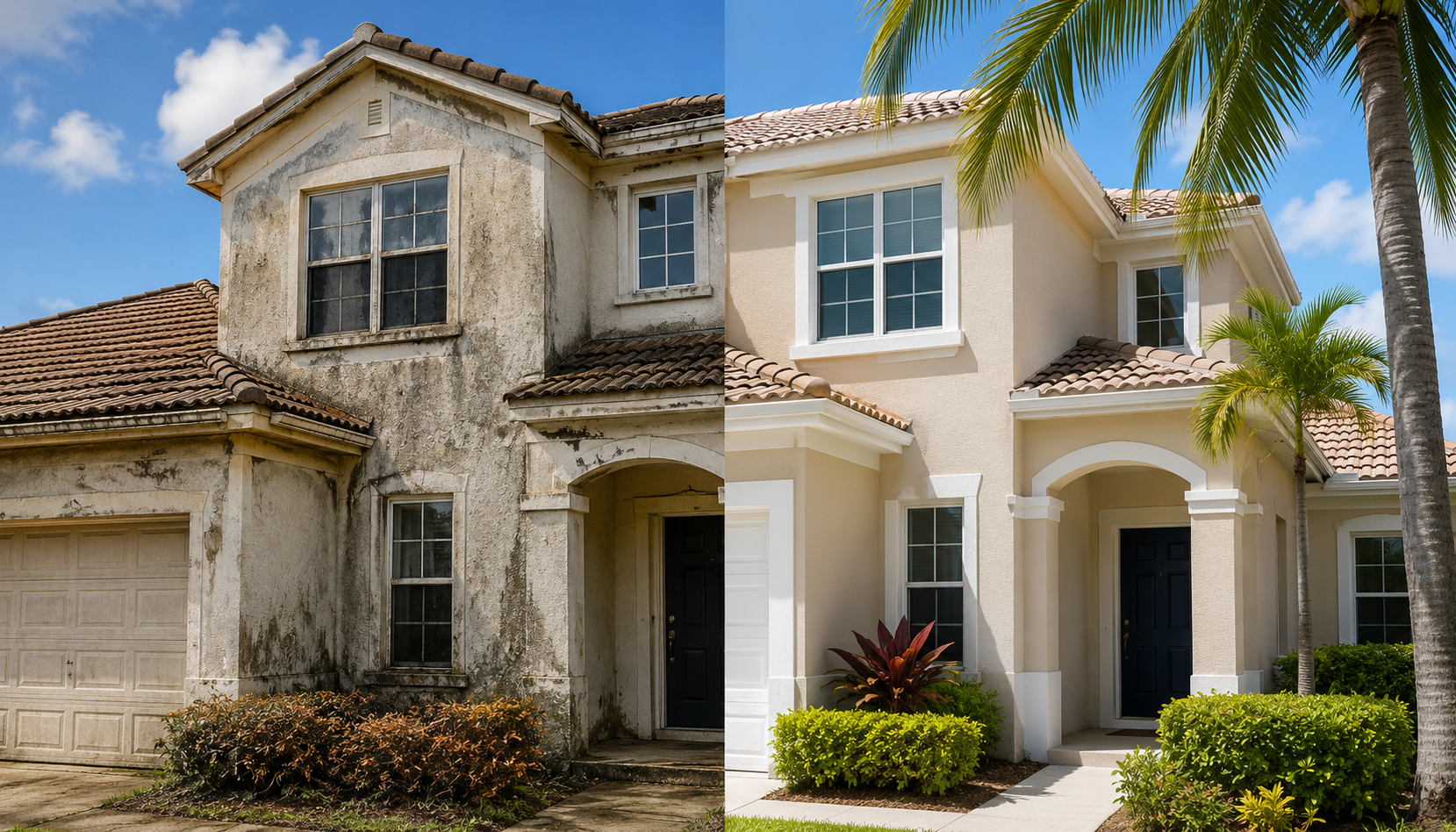 Before and after exterior house painting showing a weathered home transformed with fresh paint in Brevard County, Florida.