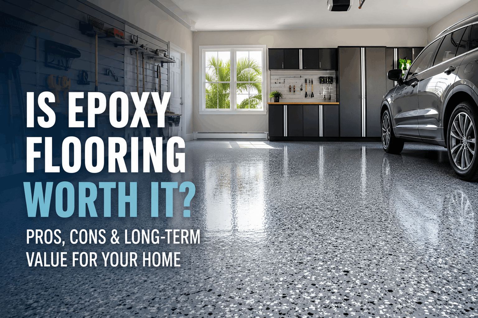 Professionally installed gray flake epoxy garage floor in a clean residential garage in Brevard County, Florida.
