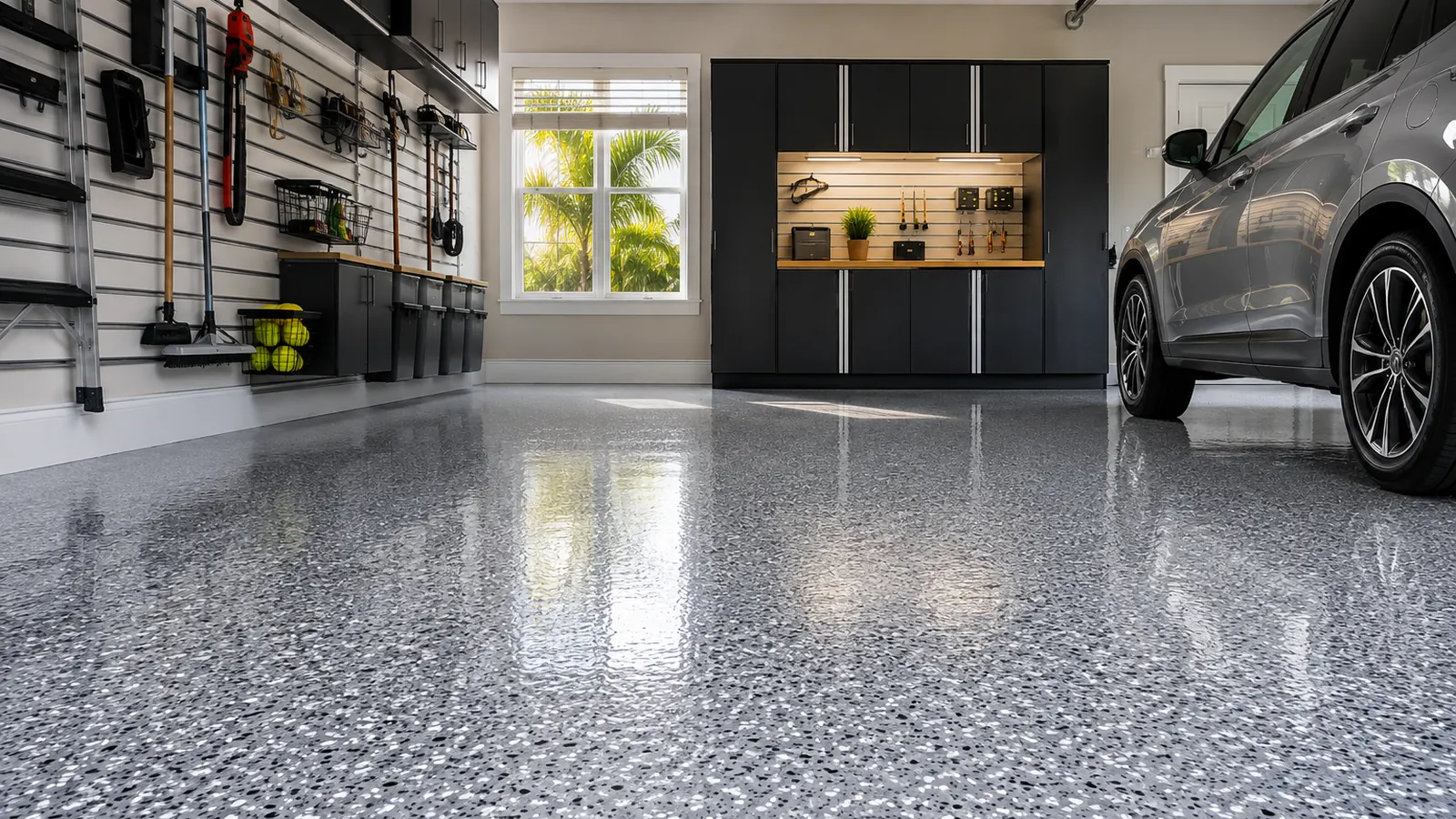 Professionally installed epoxy garage floor in a clean residential garage in Brevard County, Florida.