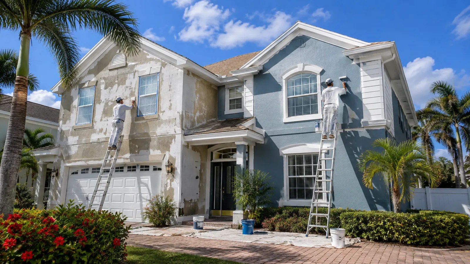 Professional exterior house painting project showing painters working on a Florida home in different stages of the painting process.